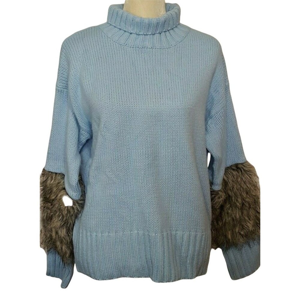Pretty Little Thing Women's M High Neck Oversized Sweater Faux‎ Fur Trim Blue